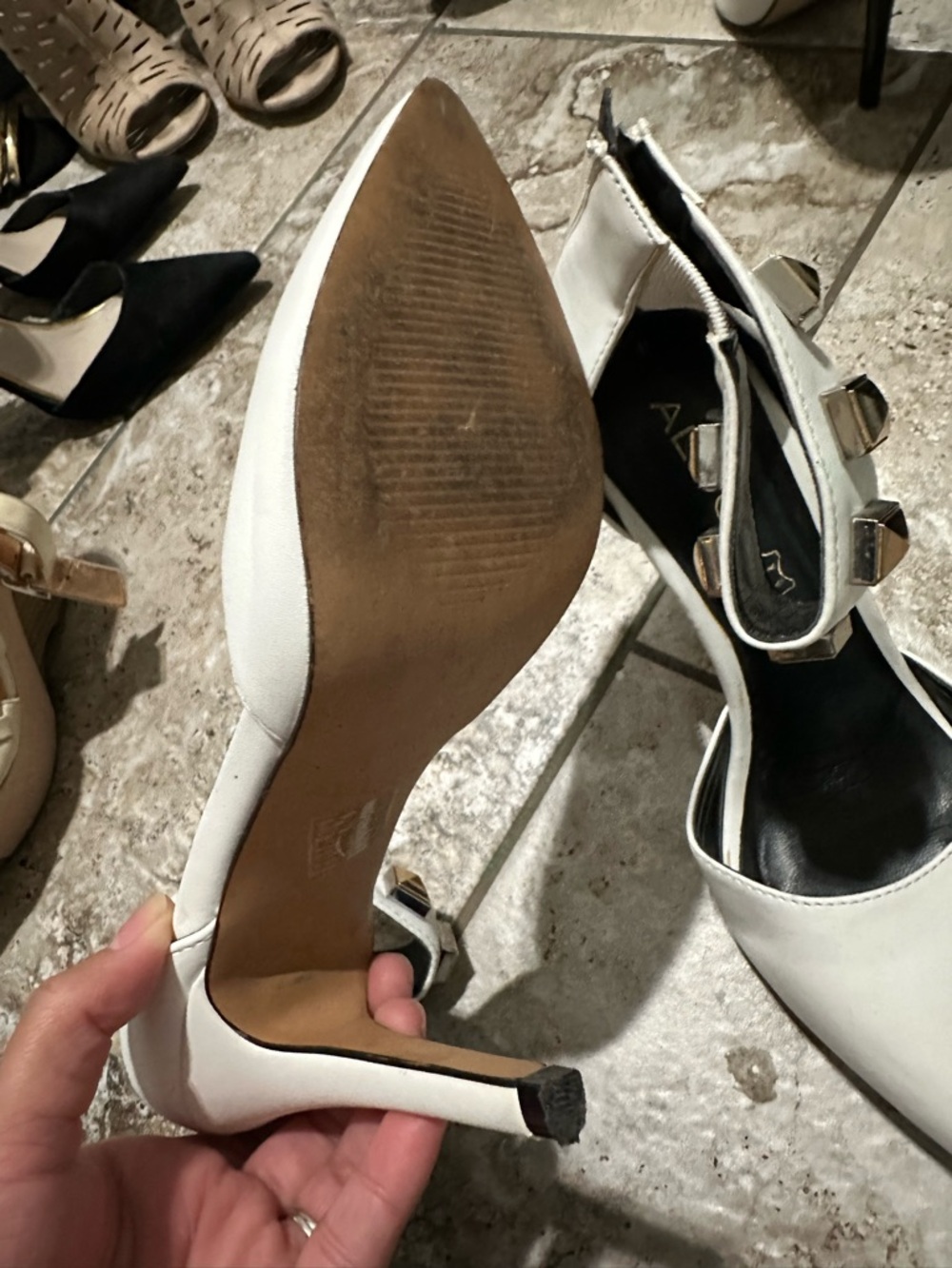 Aldo White Pointed-Toe Ankle Strap Heels with Gold Stud Detail - Picture 3 of 6